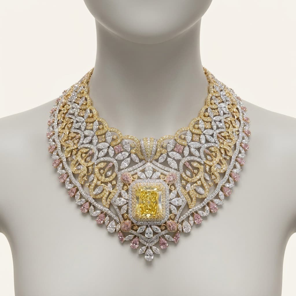 A diamond necklace photographed on a display bust