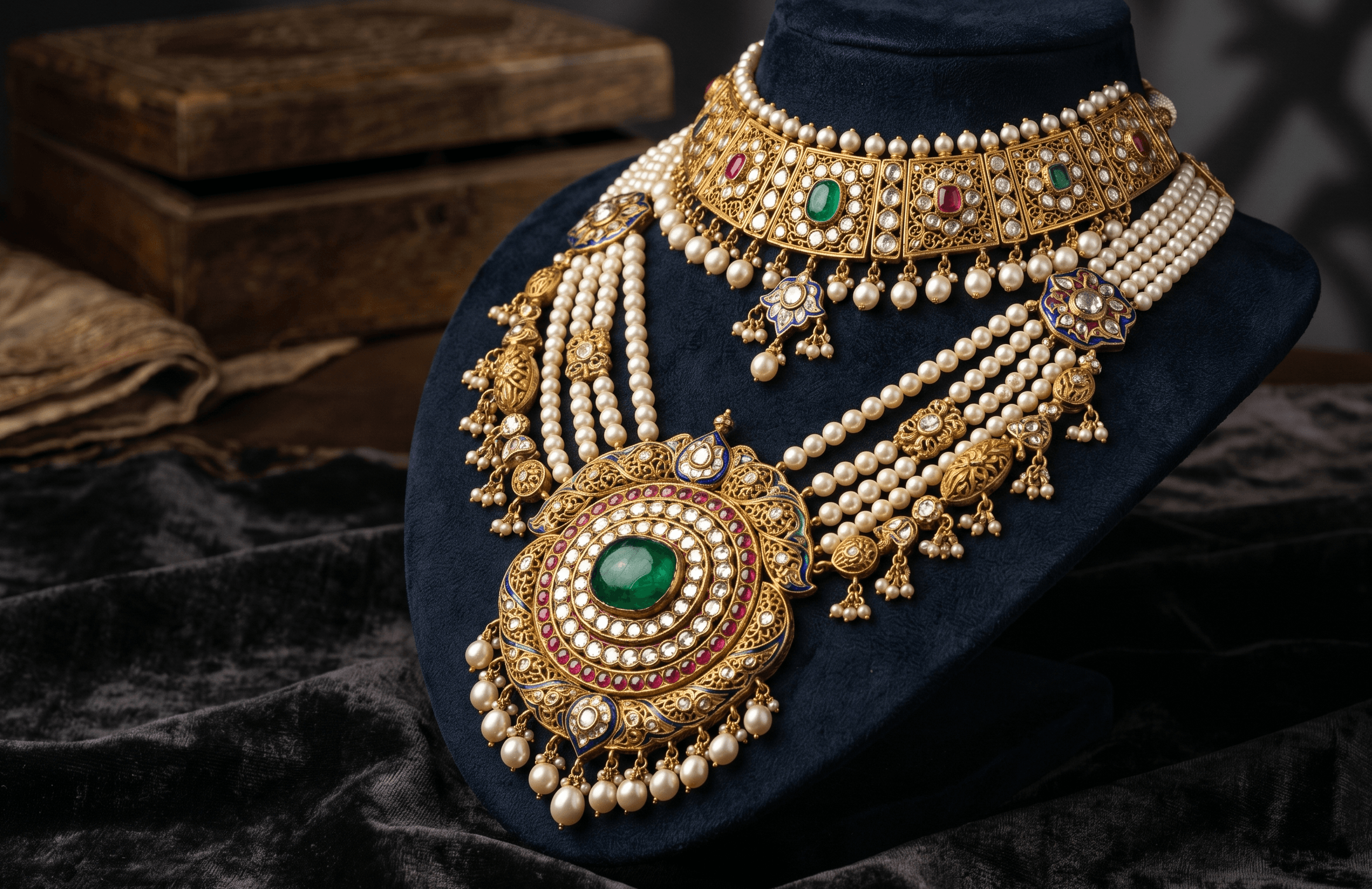 A gold, pearl and emerald necklace shown in a TryGehna-powered storefront